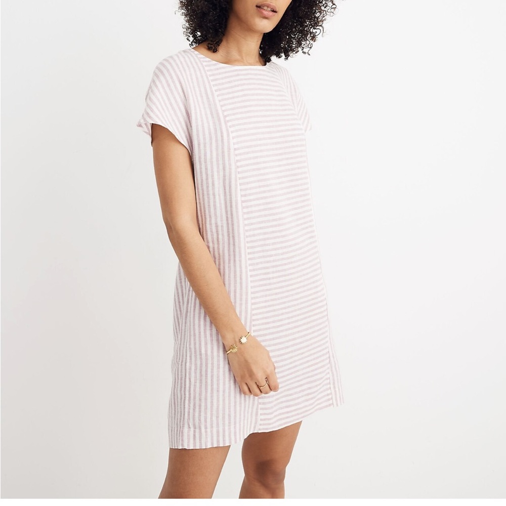 Madewell Linen Stripe-Play Button Back Linen Shift Dress